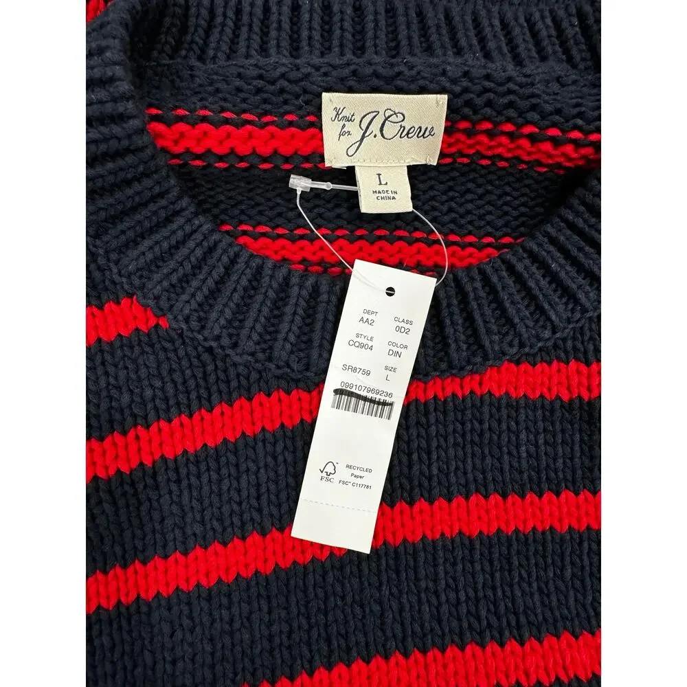 J.Crew Fisherman Knit Preppy Crewneck Darkest Indigo Navy Red Stripe Sweater L